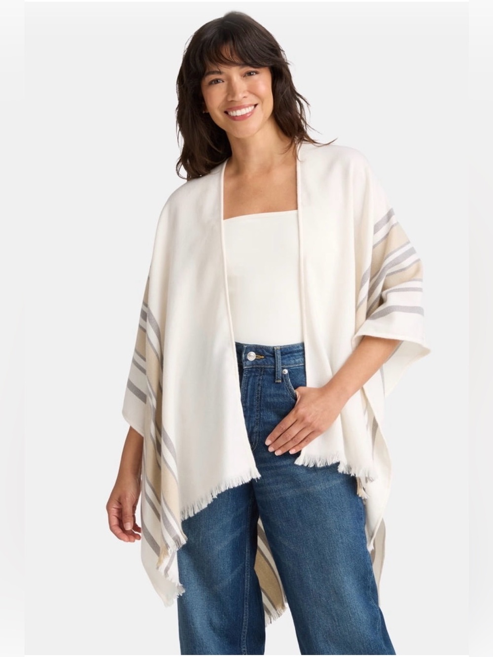 Women’s Woven Polyester Striped Fringe Shawl/Wrap One Size Ivory Beige Gray